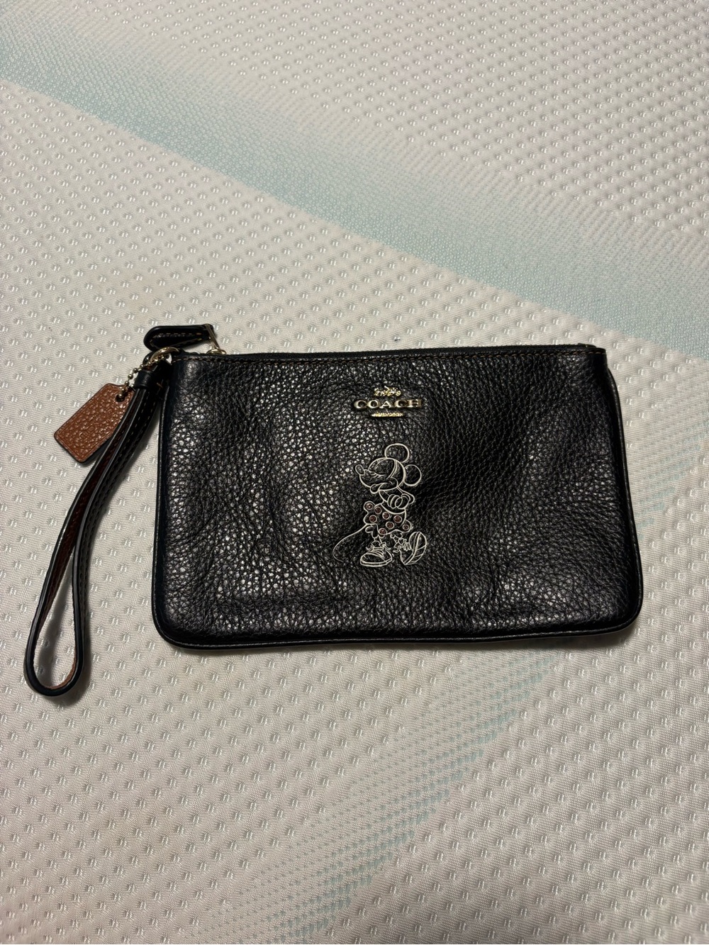 Coach Black Pebbled Leather Wristlet with Minnie Outline